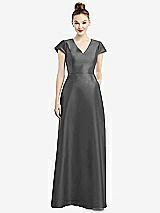 Front View Thumbnail - Gunmetal Cap Sleeve V-Neck Satin Gown with Pockets