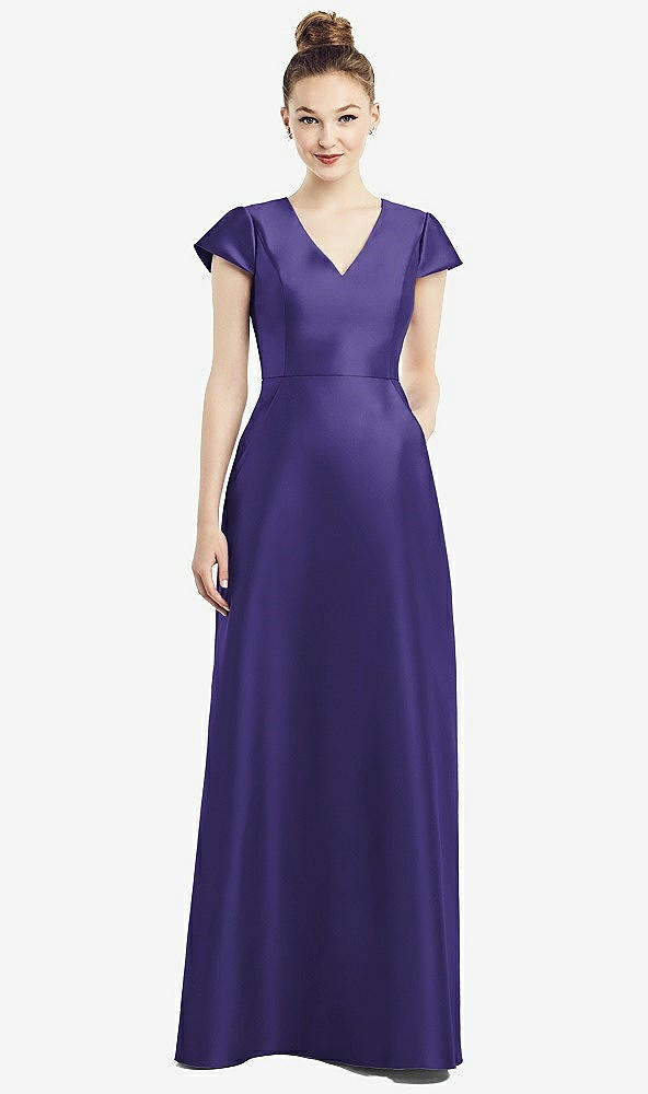 Front View - Grape Cap Sleeve V-Neck Satin Gown with Pockets