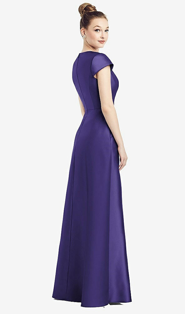 Back View - Grape Cap Sleeve V-Neck Satin Gown with Pockets