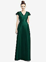 Front View Thumbnail - Hunter Green Cap Sleeve V-Neck Satin Gown with Pockets