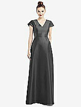 Front View Thumbnail - Pewter Cap Sleeve V-Neck Satin Gown with Pockets