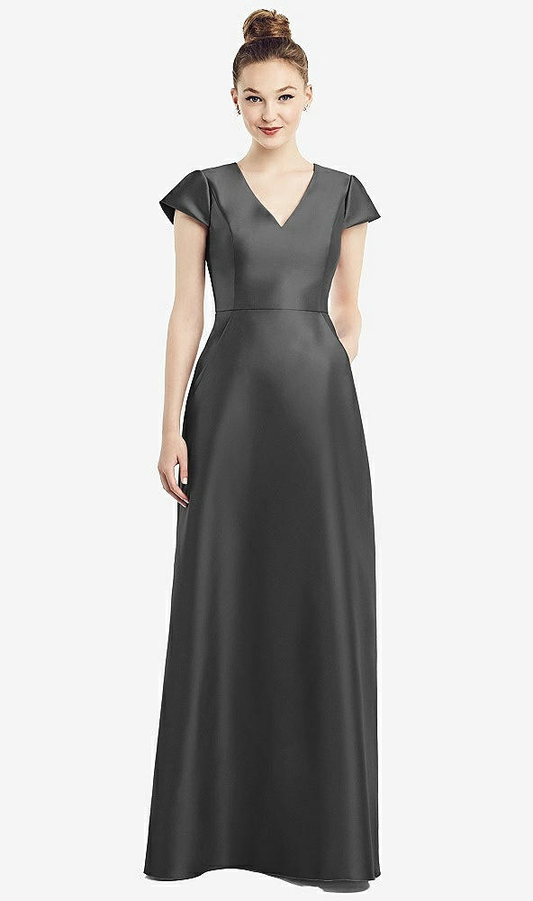 Front View - Pewter Cap Sleeve V-Neck Satin Gown with Pockets