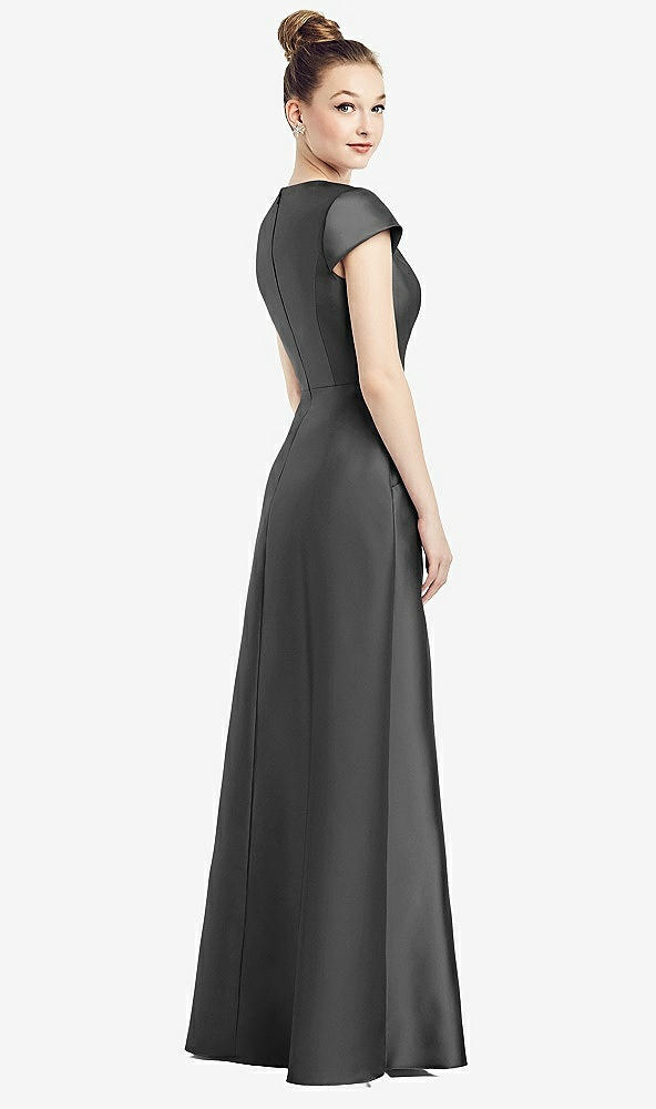 Back View - Pewter Cap Sleeve V-Neck Satin Gown with Pockets