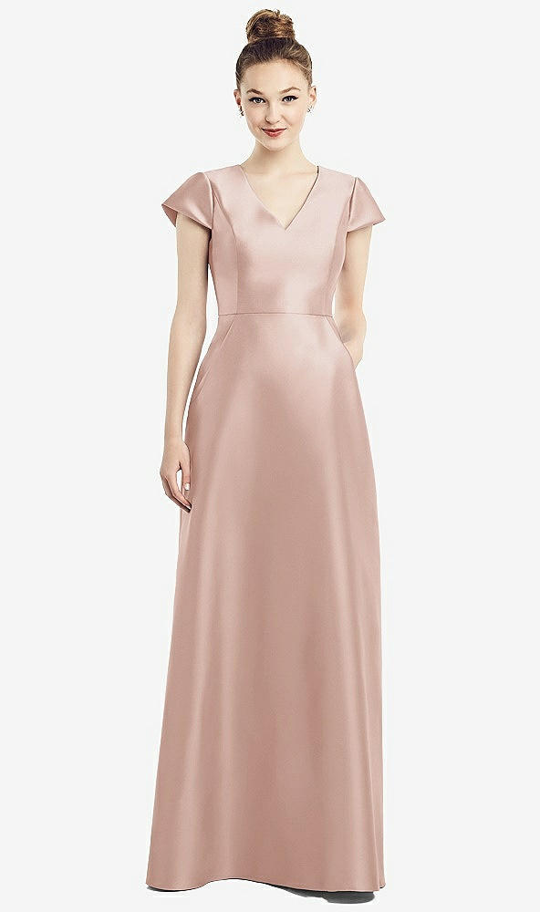 Front View - Toasted Sugar Cap Sleeve V-Neck Satin Gown with Pockets