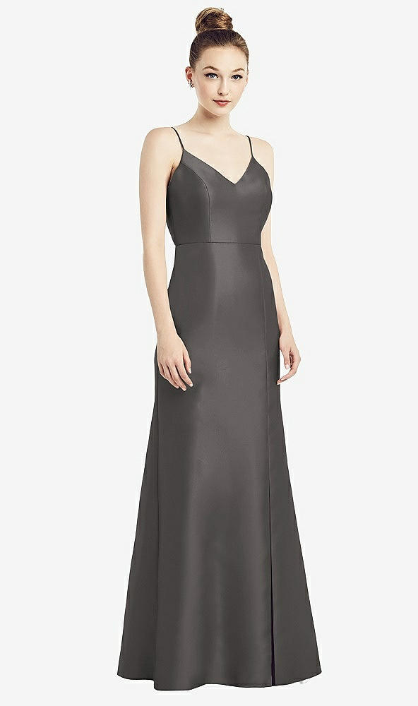 Back View - Caviar Gray Open-Back Bow Tie Satin Trumpet Gown
