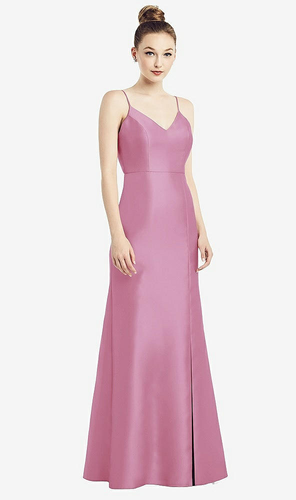 Back View - Powder Pink Open-Back Bow Tie Satin Trumpet Gown