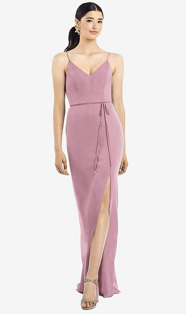 Back View - Dusty Pink Ruffled Back Chiffon Dress with Jeweled Sash