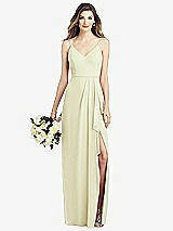 Front View Thumbnail - Butter Yellow Spaghetti Strap Draped Skirt Gown with Front Slit
