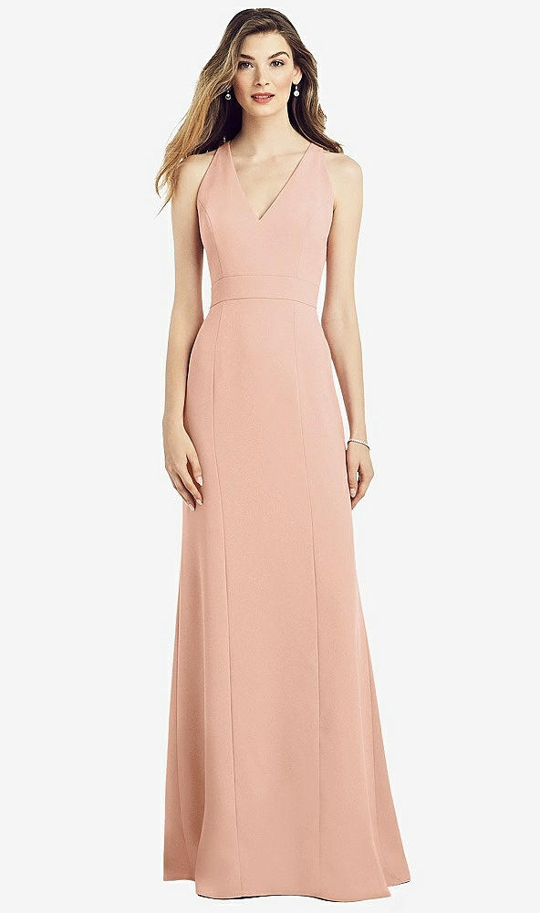 Front View - Pale Peach V-Neck Keyhole Back Crepe Trumpet Gown
