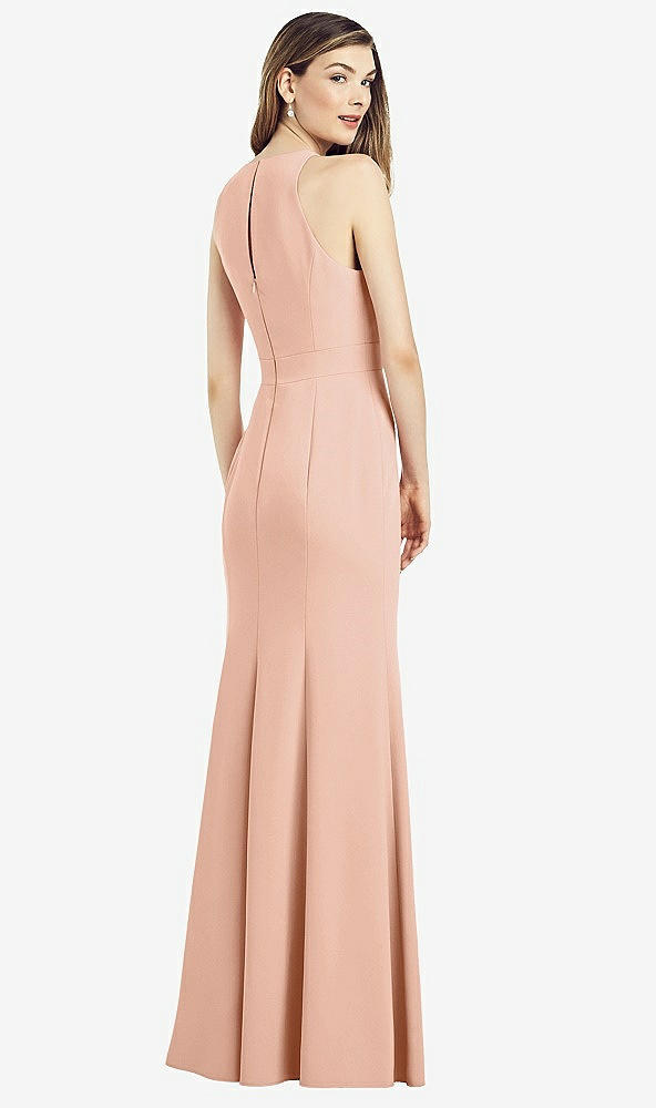 Back View - Pale Peach V-Neck Keyhole Back Crepe Trumpet Gown