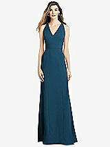 Front View Thumbnail - Atlantic Blue V-Neck Keyhole Back Crepe Trumpet Gown