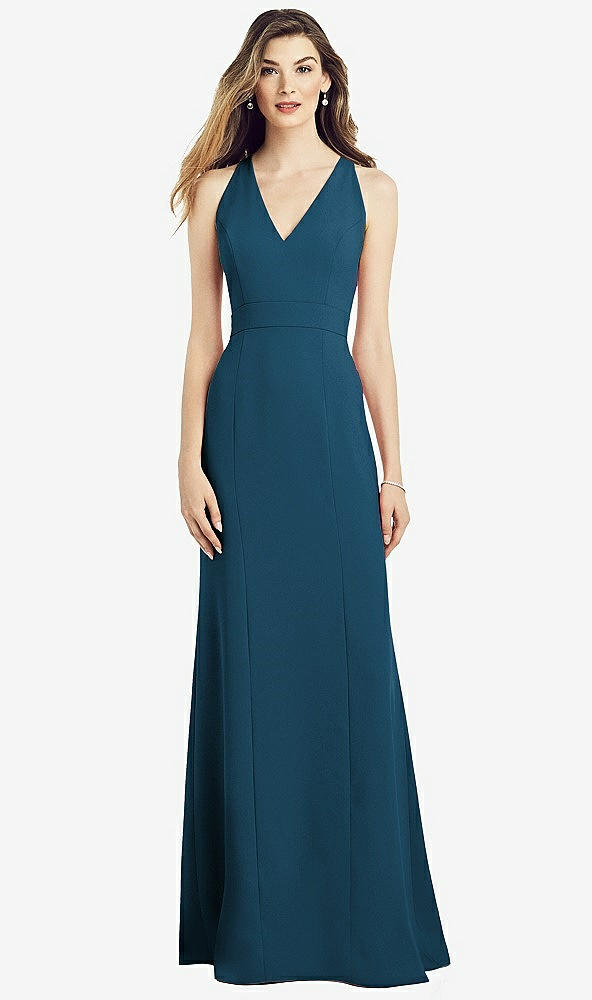 Front View - Atlantic Blue V-Neck Keyhole Back Crepe Trumpet Gown