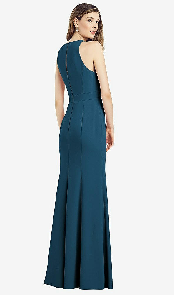 Back View - Atlantic Blue V-Neck Keyhole Back Crepe Trumpet Gown