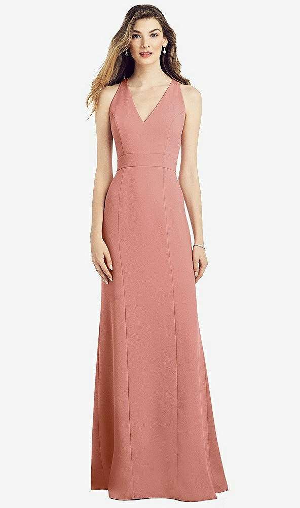 Front View - Desert Rose V-Neck Keyhole Back Crepe Trumpet Gown