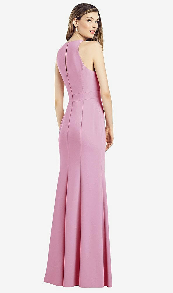 Back View - Powder Pink V-Neck Keyhole Back Crepe Trumpet Gown