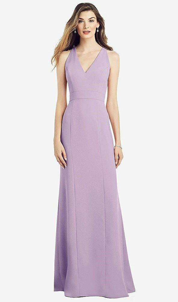 Front View - Pale Purple V-Neck Keyhole Back Crepe Trumpet Gown