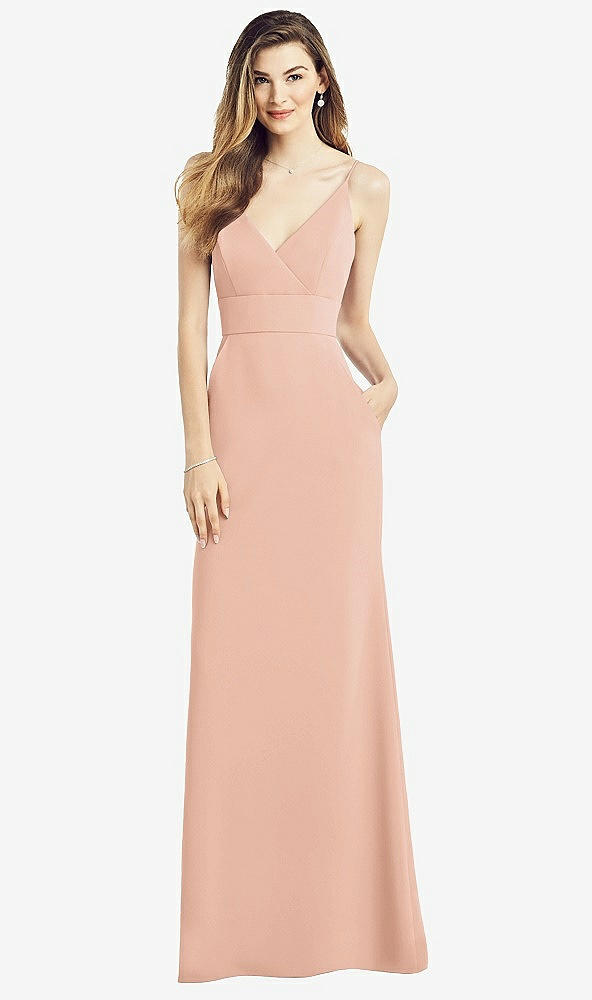 Front View - Pale Peach V-Back Spaghetti Strap Maxi Dress with Pockets