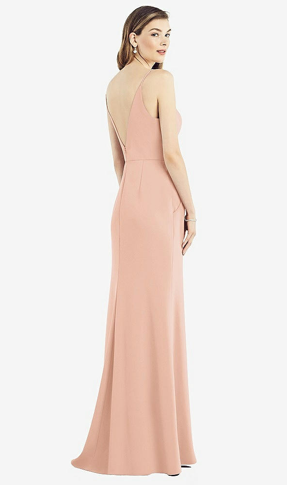 Back View - Pale Peach V-Back Spaghetti Strap Maxi Dress with Pockets