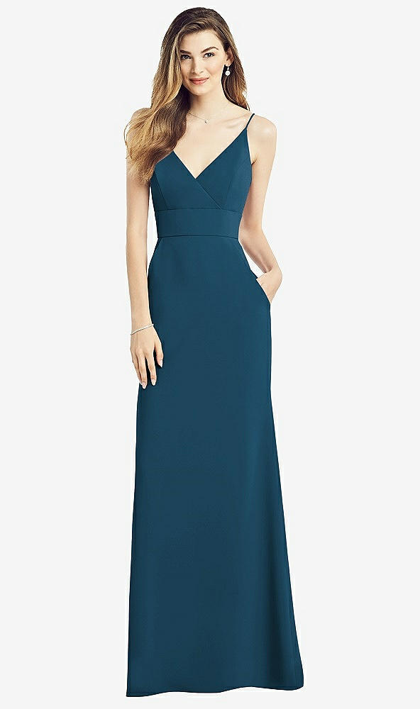 Front View - Atlantic Blue V-Back Spaghetti Strap Maxi Dress with Pockets
