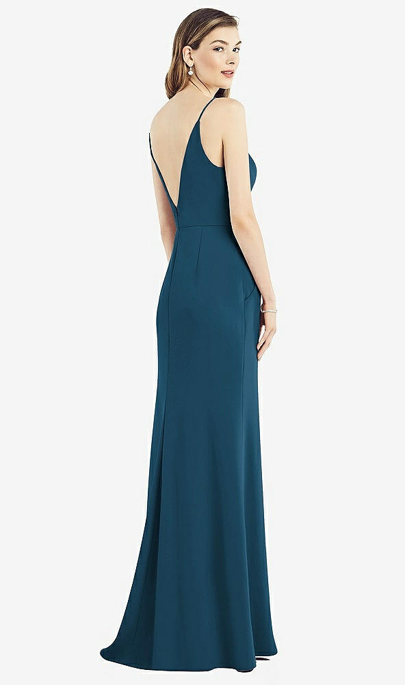 Back View - Atlantic Blue V-Back Spaghetti Strap Maxi Dress with Pockets