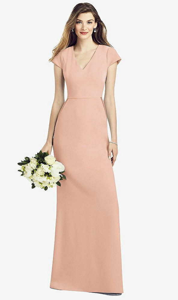 Front View - Pale Peach Cap Sleeve A-line Crepe Gown with Pockets