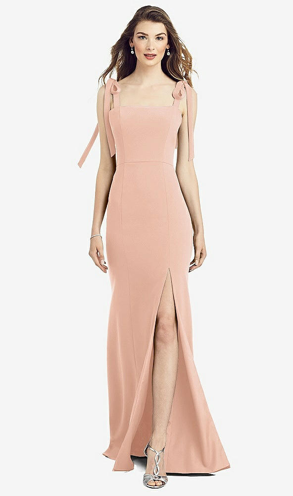 Front View - Pale Peach Flat Tie-Shoulder Crepe Trumpet Gown with Front Slit
