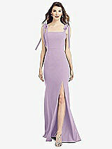 Front View Thumbnail - Pale Purple Flat Tie-Shoulder Crepe Trumpet Gown with Front Slit