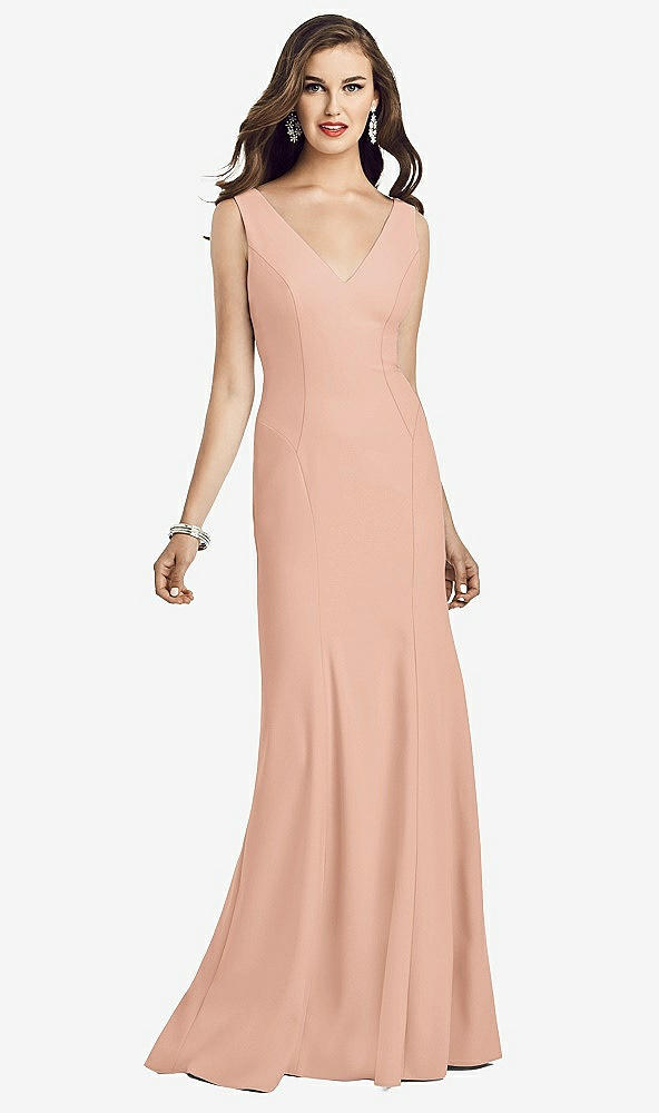 Front View - Pale Peach Sleeveless Seamed Bodice Trumpet Gown