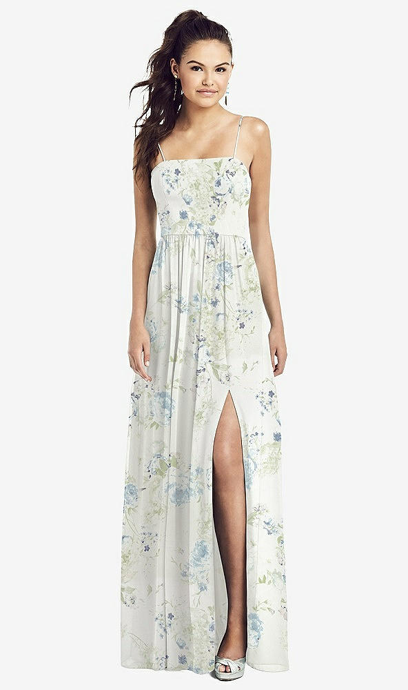Front View - Bleu Garden Slim Spaghetti Strap Chiffon Dress with Front Slit