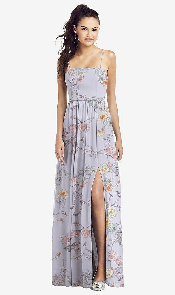 Front View - Butterfly Botanica Silver Dove Slim Spaghetti Strap Chiffon Dress with Front Slit