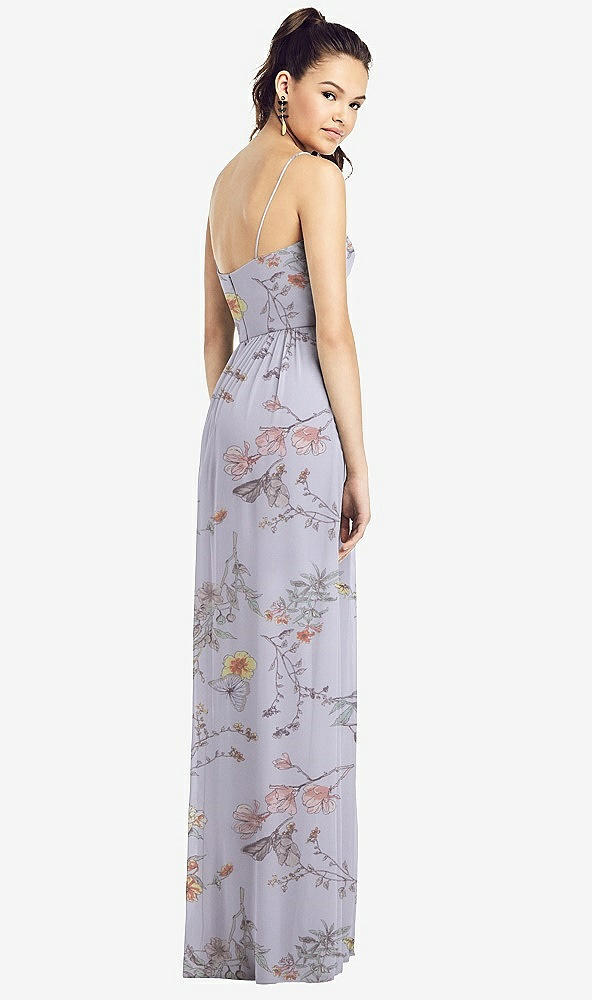 Back View - Butterfly Botanica Silver Dove Slim Spaghetti Strap Chiffon Dress with Front Slit