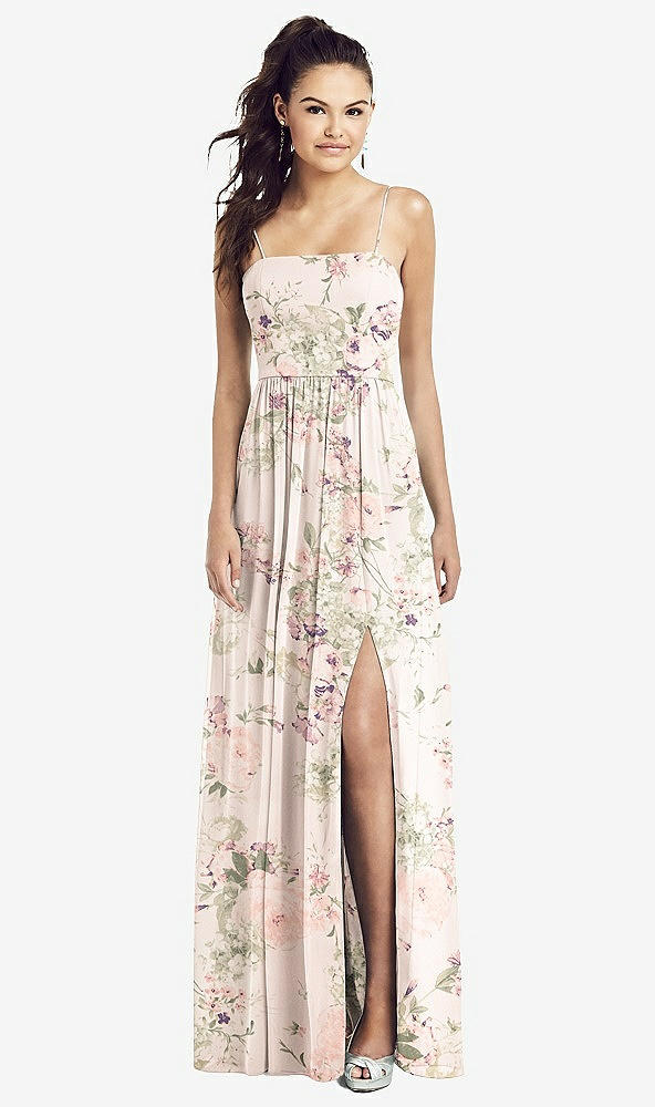 Front View - Blush Garden Slim Spaghetti Strap Chiffon Dress with Front Slit