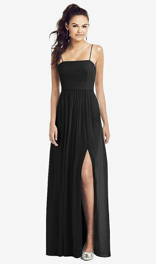Front View - Black Slim Spaghetti Strap Chiffon Dress with Front Slit