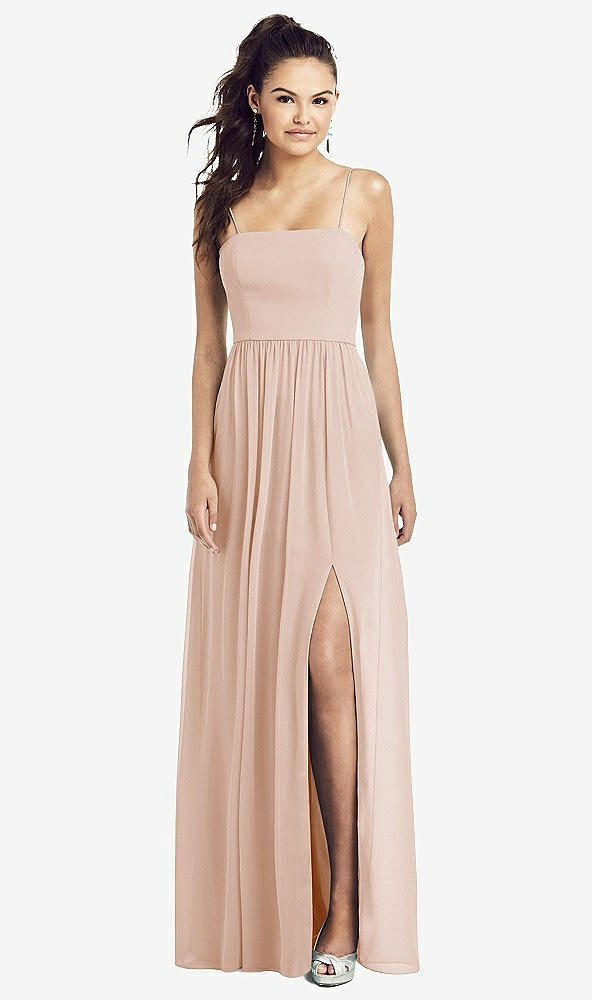 Front View - Cameo Slim Spaghetti Strap Chiffon Dress with Front Slit
