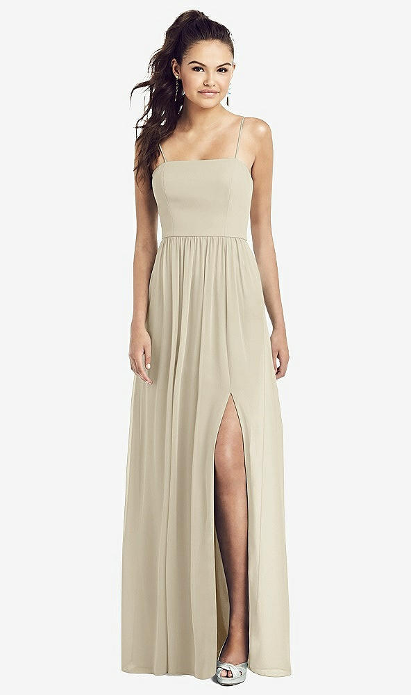 Front View - Champagne Slim Spaghetti Strap Chiffon Dress with Front Slit