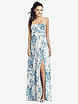 Front View Thumbnail - Cottage Rose Dusk Blue Slim Spaghetti Strap Chiffon Dress with Front Slit