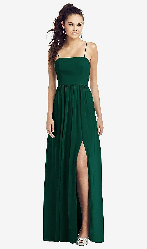 Front View - Hunter Green Slim Spaghetti Strap Chiffon Dress with Front Slit