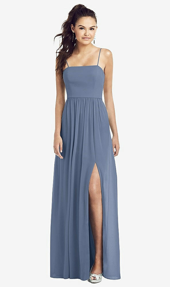Front View - Larkspur Blue Slim Spaghetti Strap Chiffon Dress with Front Slit