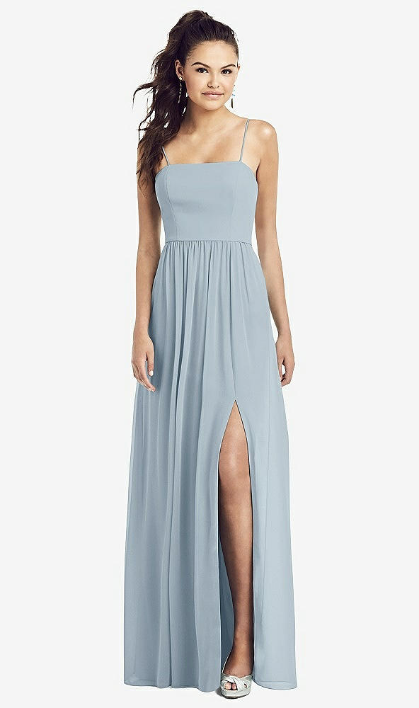 Front View - Mist Slim Spaghetti Strap Chiffon Dress with Front Slit