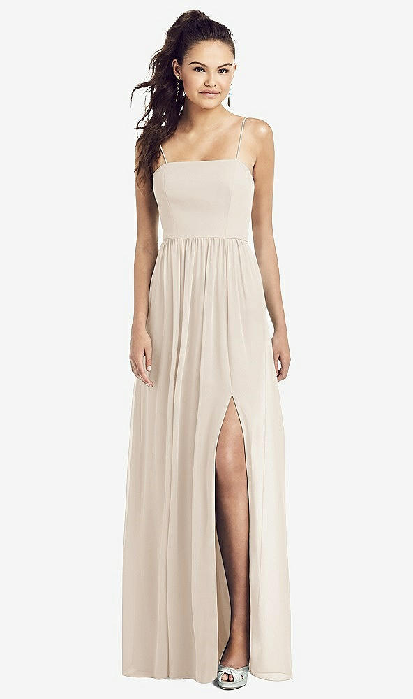 Front View - Oat Slim Spaghetti Strap Chiffon Dress with Front Slit