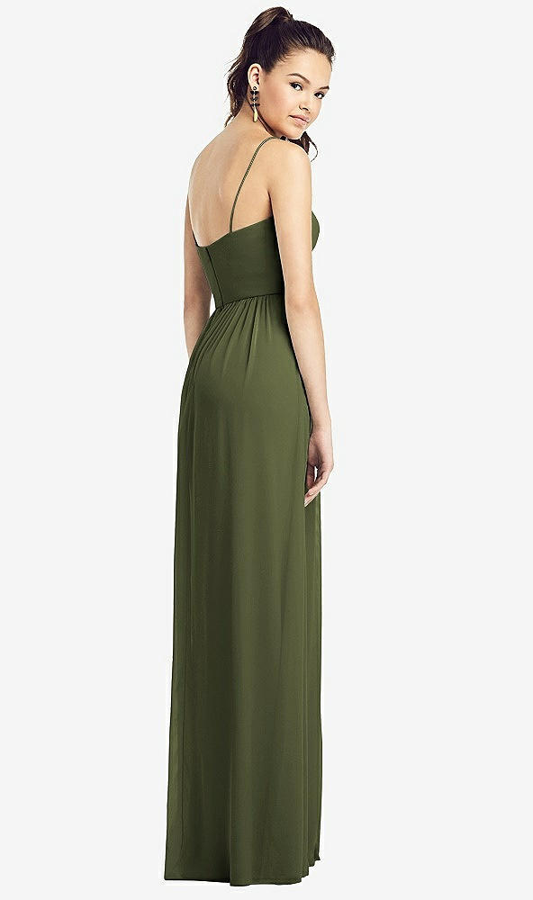 Back View - Olive Green Slim Spaghetti Strap Chiffon Dress with Front Slit