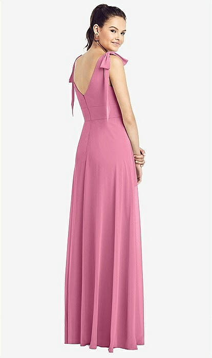 パーティードレス Floor-Length Bow Detail with V Neck Gown Bow-shoulder V-back Chiffon Bridesmaid Dress With Front Slit