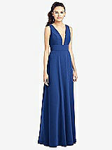 Front View Thumbnail - Classic Blue & Light Nude Adjustable Strap Illusion Neck Chiffon Gown