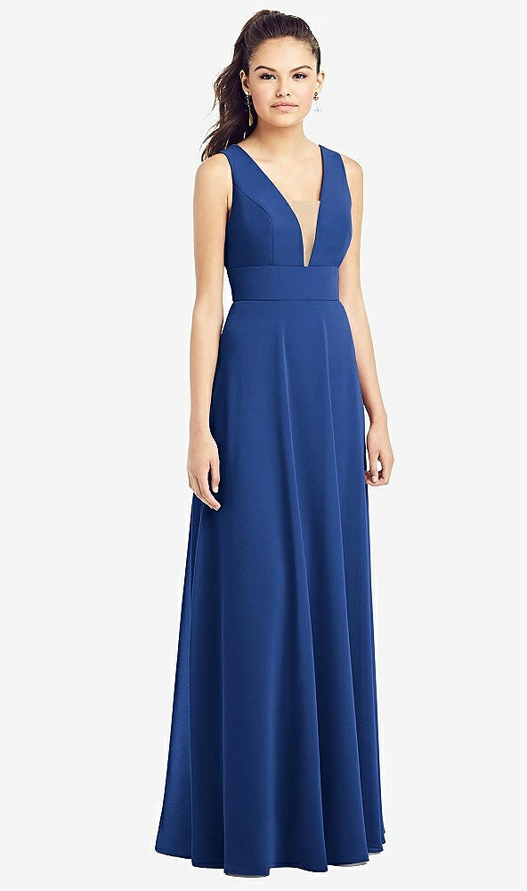 Front View - Classic Blue & Light Nude Adjustable Strap Illusion Neck Chiffon Gown