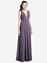 Front View Thumbnail - Lavender & Light Nude Adjustable Strap Illusion Neck Chiffon Gown