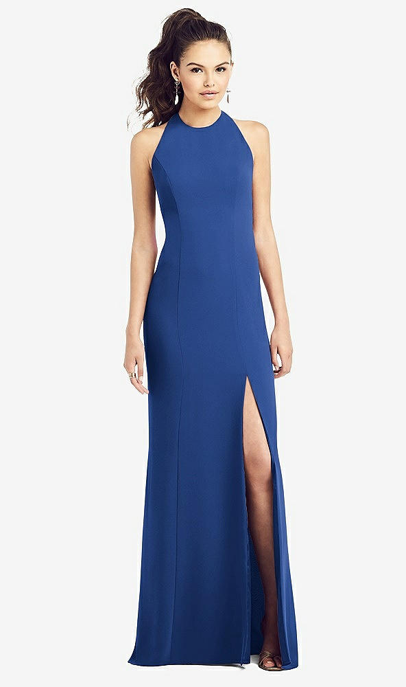 Front View - Classic Blue Open-Back Jewel Neck Trumpet Gown with Front Slit