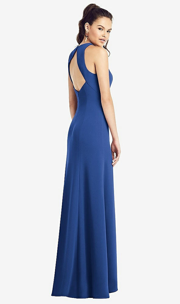 Back View - Classic Blue Open-Back Jewel Neck Trumpet Gown with Front Slit