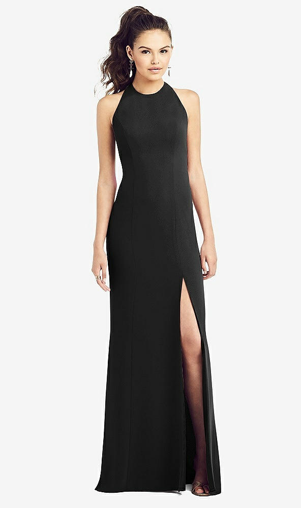 Front View - Black Open-Back Jewel Neck Trumpet Gown with Front Slit