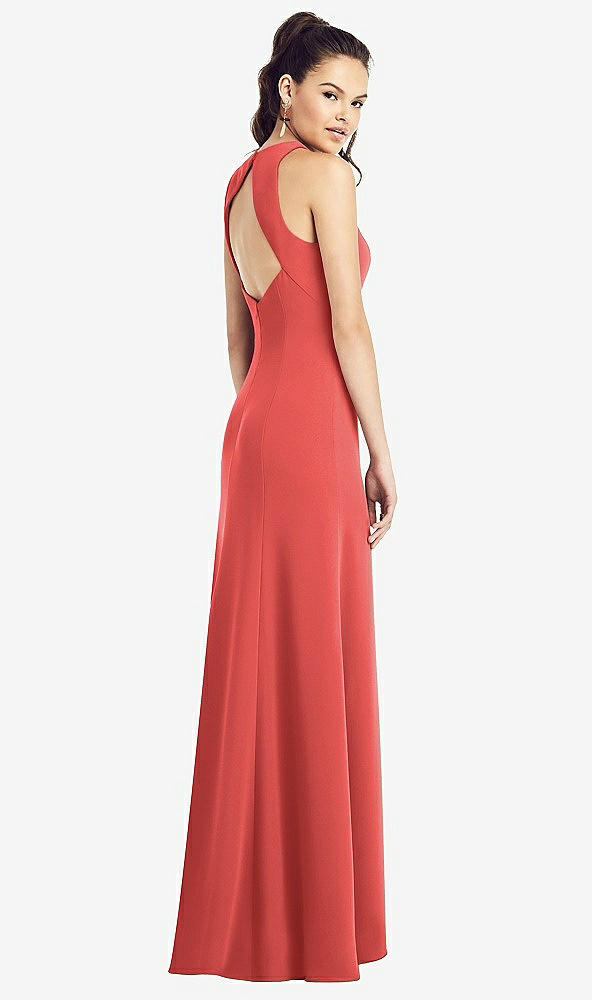 Back View - Perfect Coral Open-Back Jewel Neck Trumpet Gown with Front Slit
