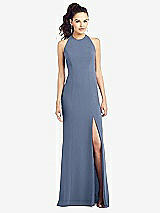 Front View Thumbnail - Larkspur Blue Open-Back Jewel Neck Trumpet Gown with Front Slit
